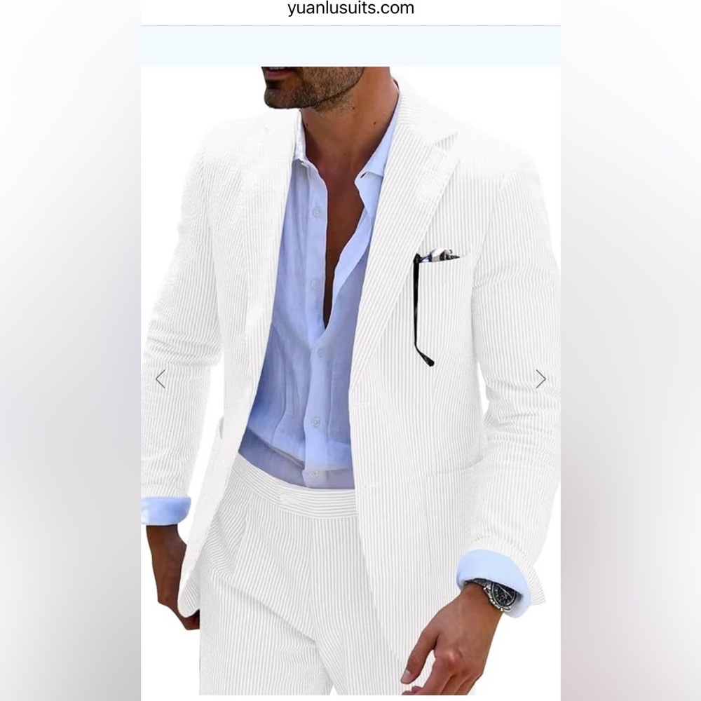 NWT Yuan Lu SEERSUCKER STRIPED BLAZER PANTS MEN'S SUMMER SUIT 3XL White 2 pc
